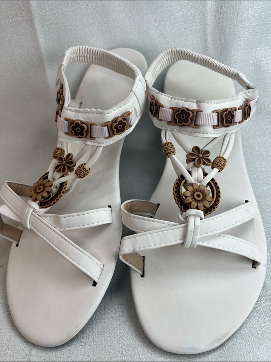 Shoes - White sandals with elastic ankle band and ornate flowers as decor